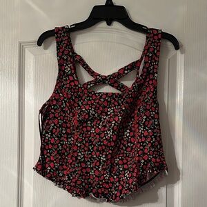 Free People Black Tank with Red Floral Print and Crisscross Back